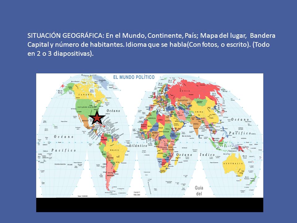SITUACIÓN GEOGRÁFICA: En el Mundo, Continente, País; Mapa del lugar, Bandera Capital y número de habitantes.