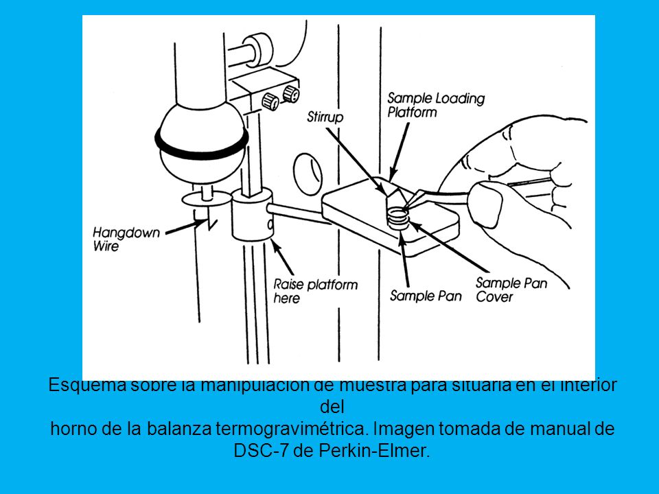 Esquema sobre la manipulación de muestra para situarla en el interior del horno de la balanza termogravimétrica.