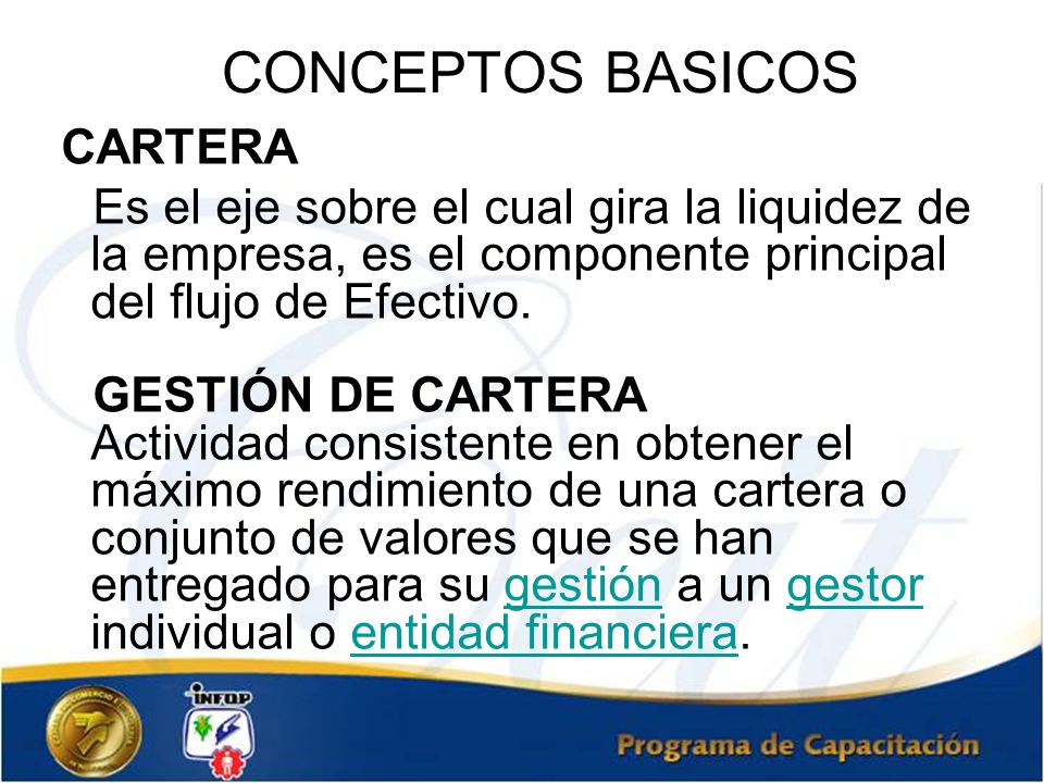 CONCEPTOS BASICOS CARTERA. Es el eje sobre el cual gira la liquidez de la empresa, es el componente principal del flujo de Efectivo.