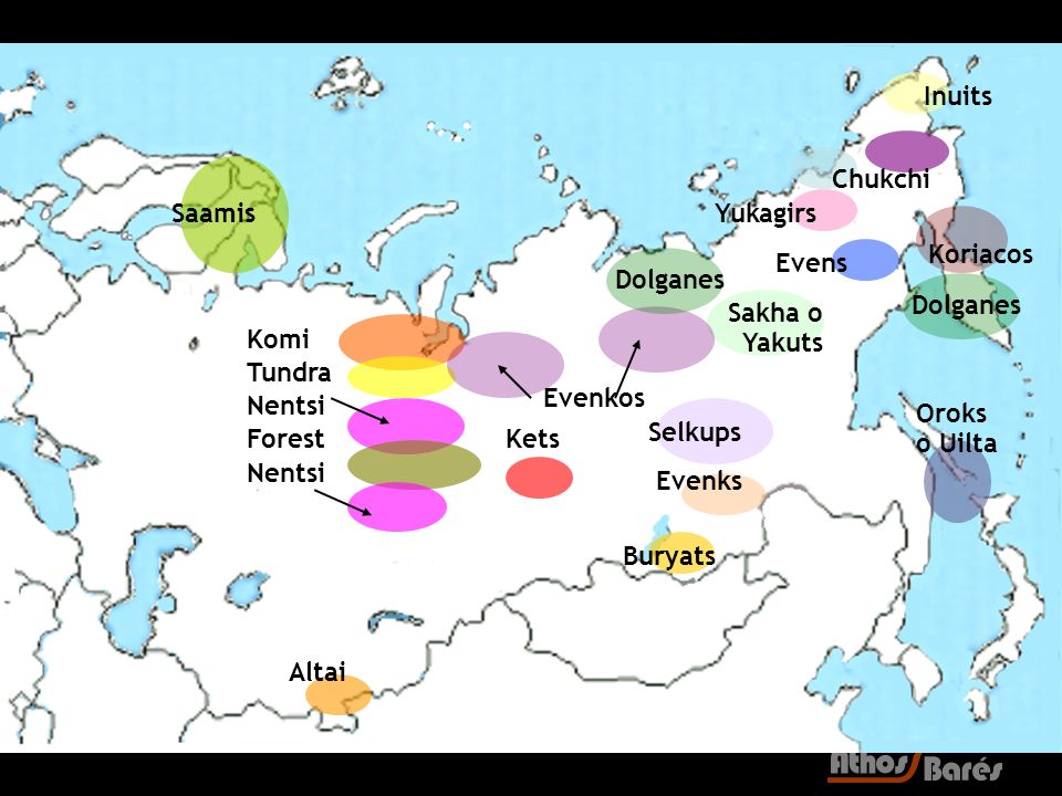 Inuits Chukchi. Saamis. Yukagirs. Koriacos. Evens. Dolganes. Dolganes. Sakha o Yakuts. Komi.