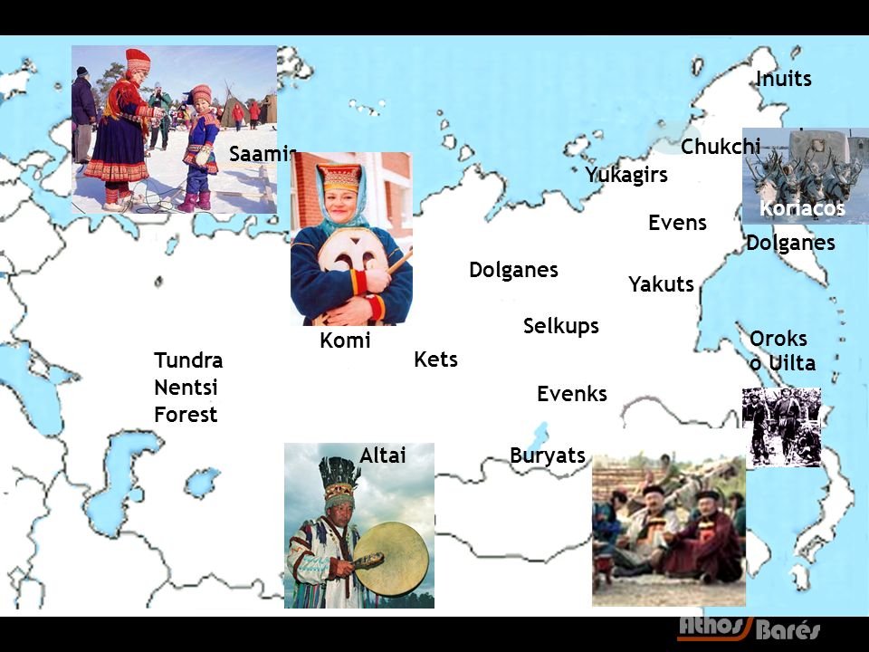 Inuits Chukchi. Saamis. Yukagirs. Koriacos. Evens. Dolganes. Dolganes. Yakuts. Selkups. Komi.