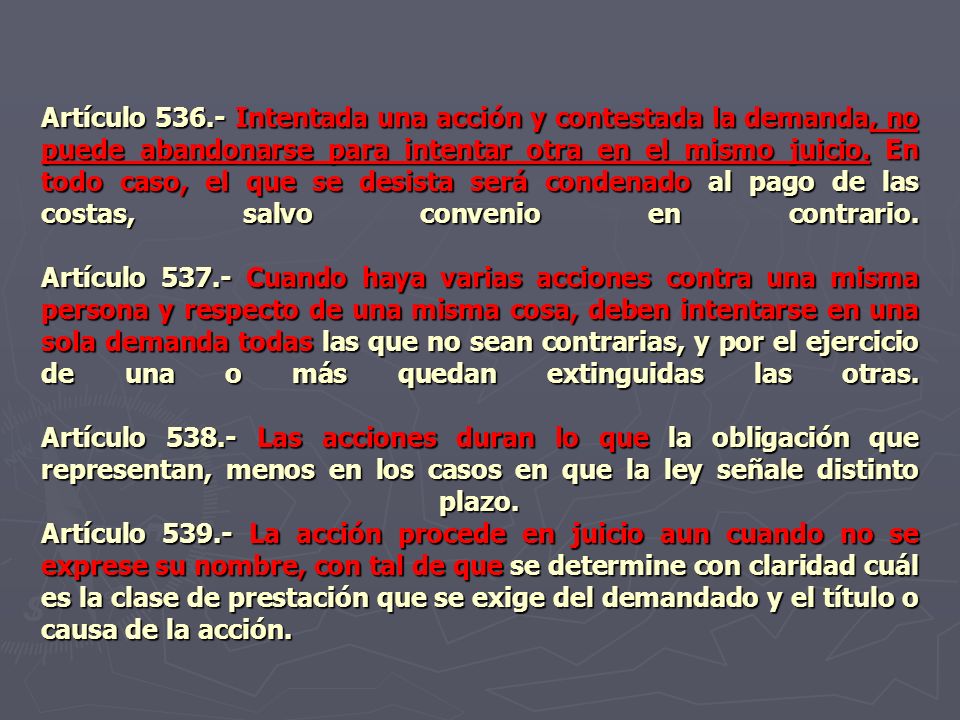 Artículo Intentada una acción y contestada la demanda, no puede abandonarse para intentar otra en el mismo juicio.