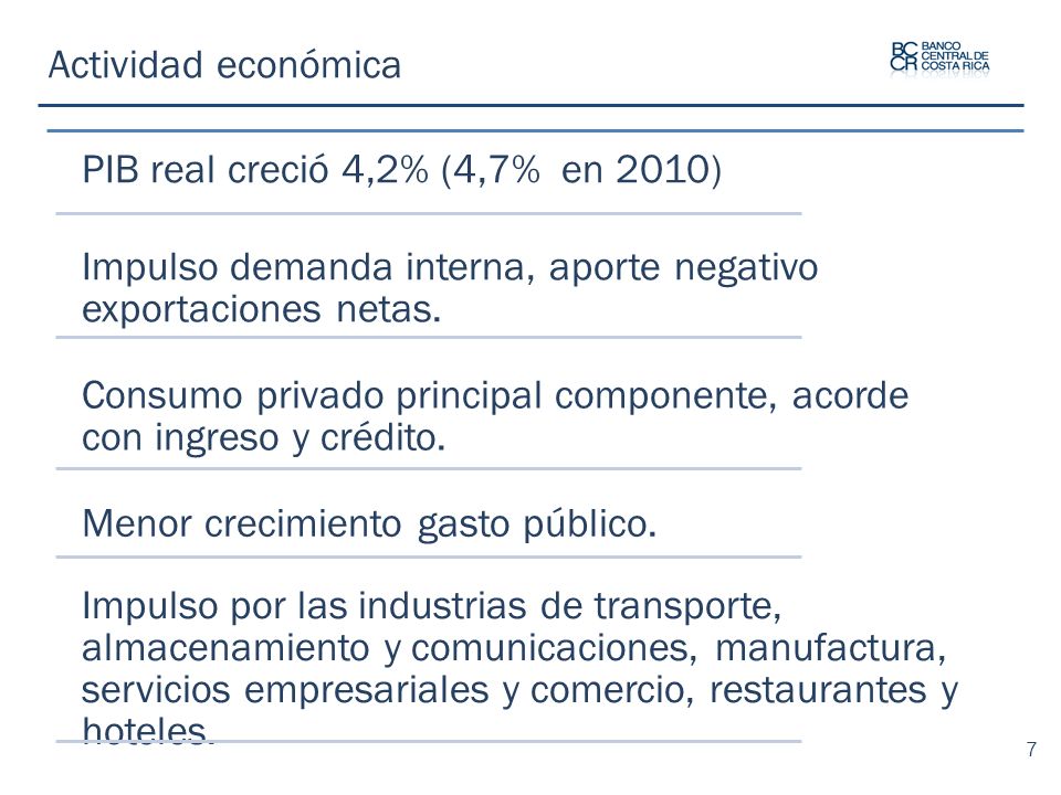 Actividad económica PIB real creció 4,2% (4,7% en 2010) Impulso demanda interna, aporte negativo exportaciones netas.