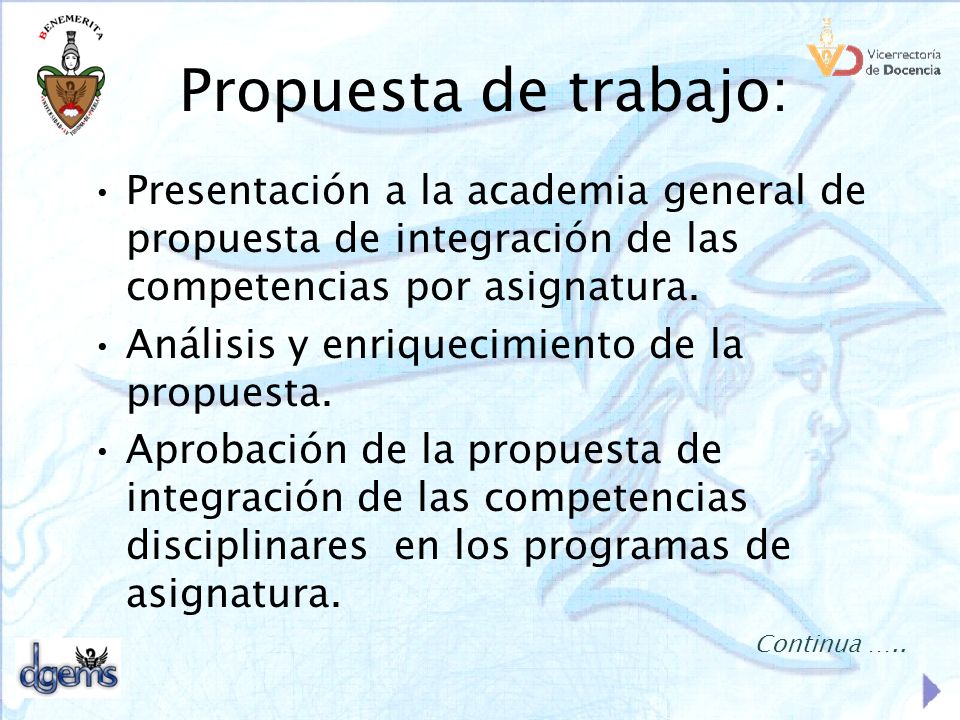 Propuesta de trabajo: Presentación a la academia general de propuesta de integración de las competencias por asignatura.