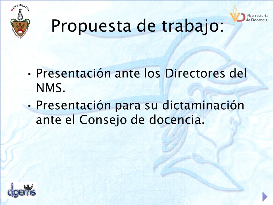 Propuesta de trabajo: Presentación ante los Directores del NMS.