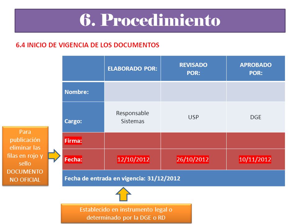 Establecido en instrumento legal o determinado por la DGE o RD