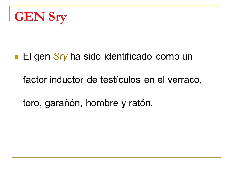 GEN Sry El gen Sry ha sido identificado como un factor inductor de testículos en el verraco, toro, garañón, hombre y ratón.