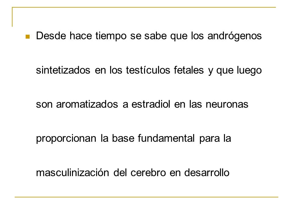 Desde hace tiempo se sabe que los andrógenos sintetizados en los testículos fetales y que luego son aromatizados a estradiol en las neuronas proporcionan la base fundamental para la masculinización del cerebro en desarrollo