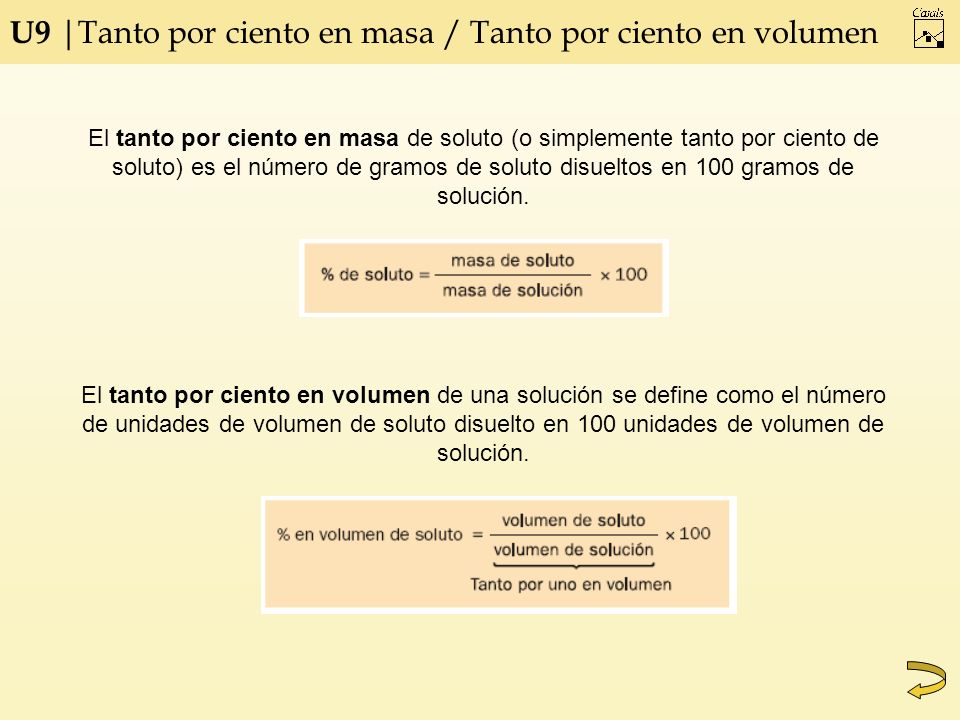 U9 |Tanto por ciento en masa / Tanto por ciento en volumen