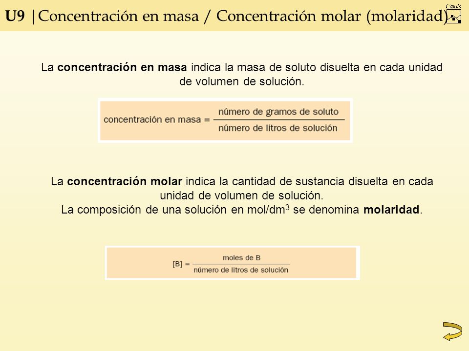 La composición de una solución en mol/dm3 se denomina molaridad.