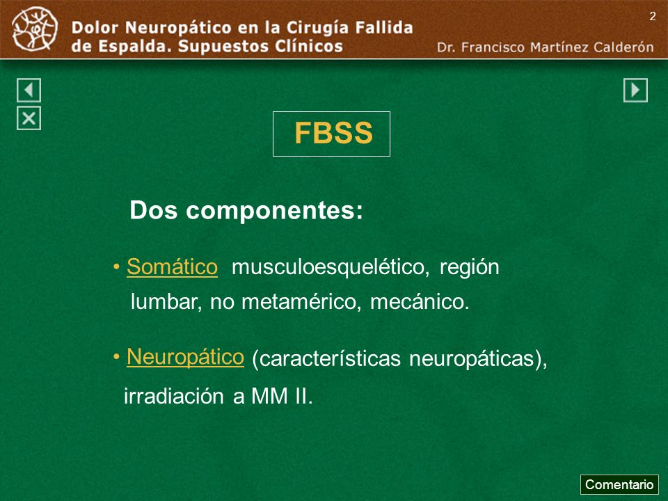 2 FBSS. Dos componentes: Somático musculoesquelético, región lumbar, no metamérico, mecánico.
