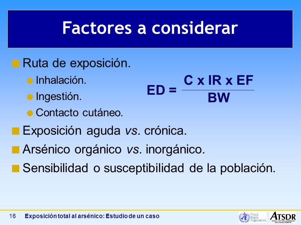 Factores a considerar C x IR x EF ED = BW Ruta de exposición.
