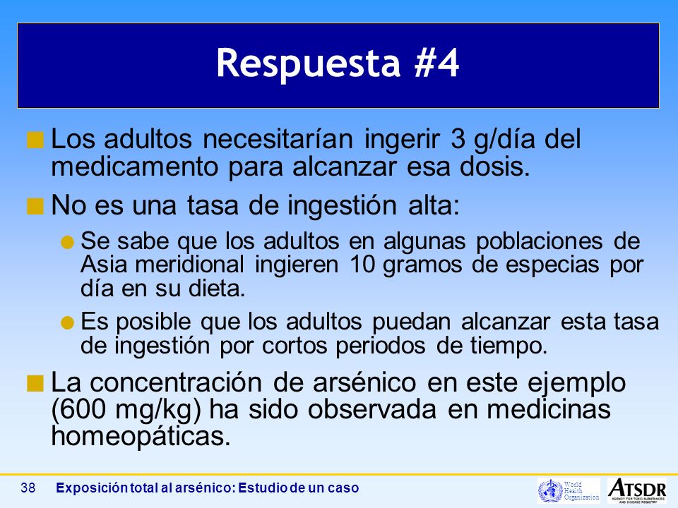 Respuesta #4 Los adultos necesitarían ingerir 3 g/día del medicamento para alcanzar esa dosis. No es una tasa de ingestión alta: