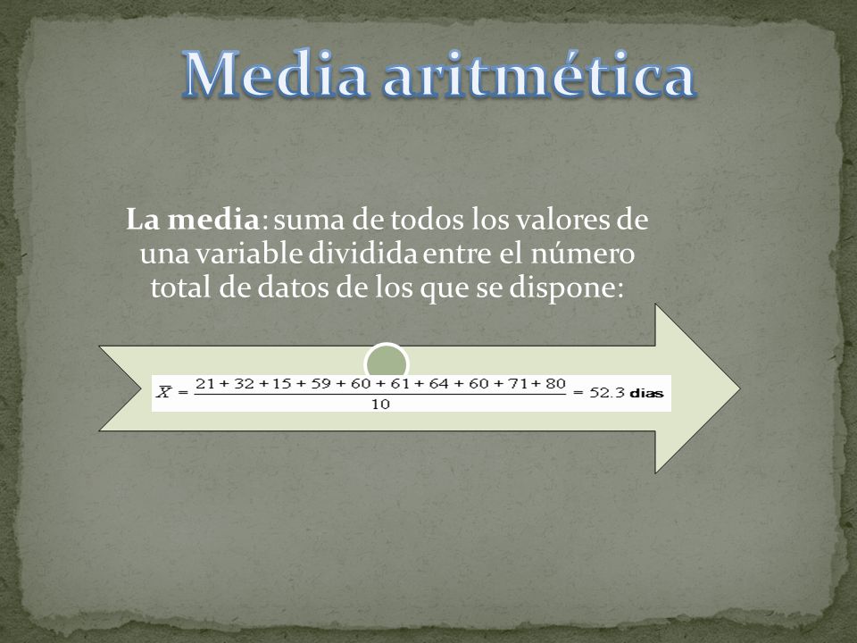 Media aritmética La media: suma de todos los valores de una variable dividida entre el número total de datos de los que se dispone: