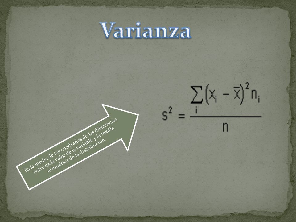 Varianza Es la media de los cuadrados de las diferencias entre cada valor de la variable y la media aritmética de la distribución.