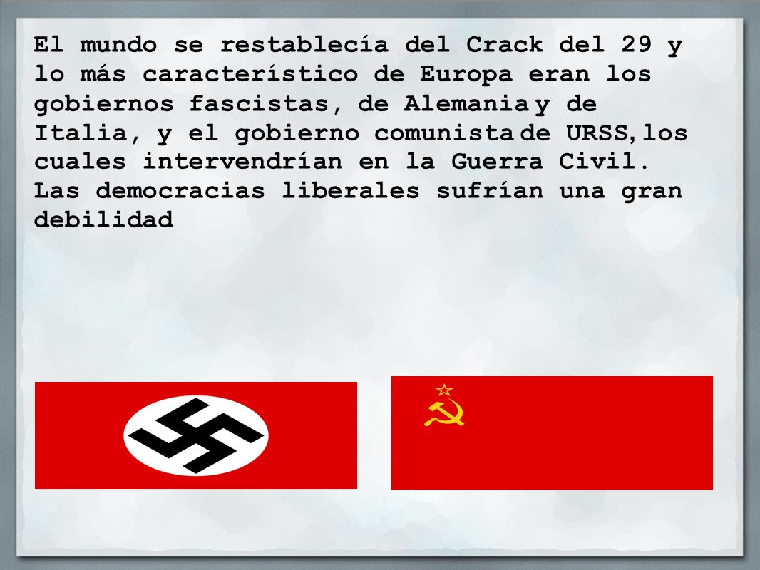 El mundo se restablecía del Crack del 29 y lo más característico de Europa eran los gobiernos fascistas, de Alemania y de Italia, y el gobierno comunista de URSS, los cuales intervendrían en la Guerra Civil.