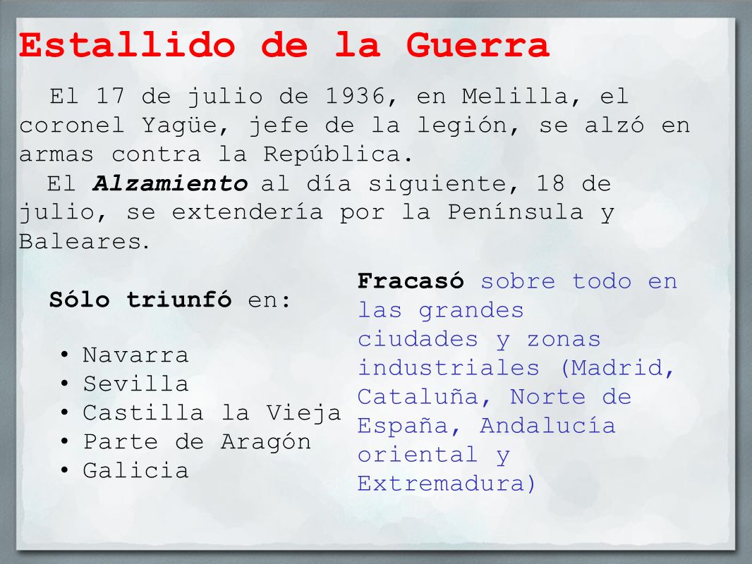Estallido de la Guerra El 17 de julio de 1936, en Melilla, el coronel Yagüe, jefe de la legión, se alzó en armas contra la República.