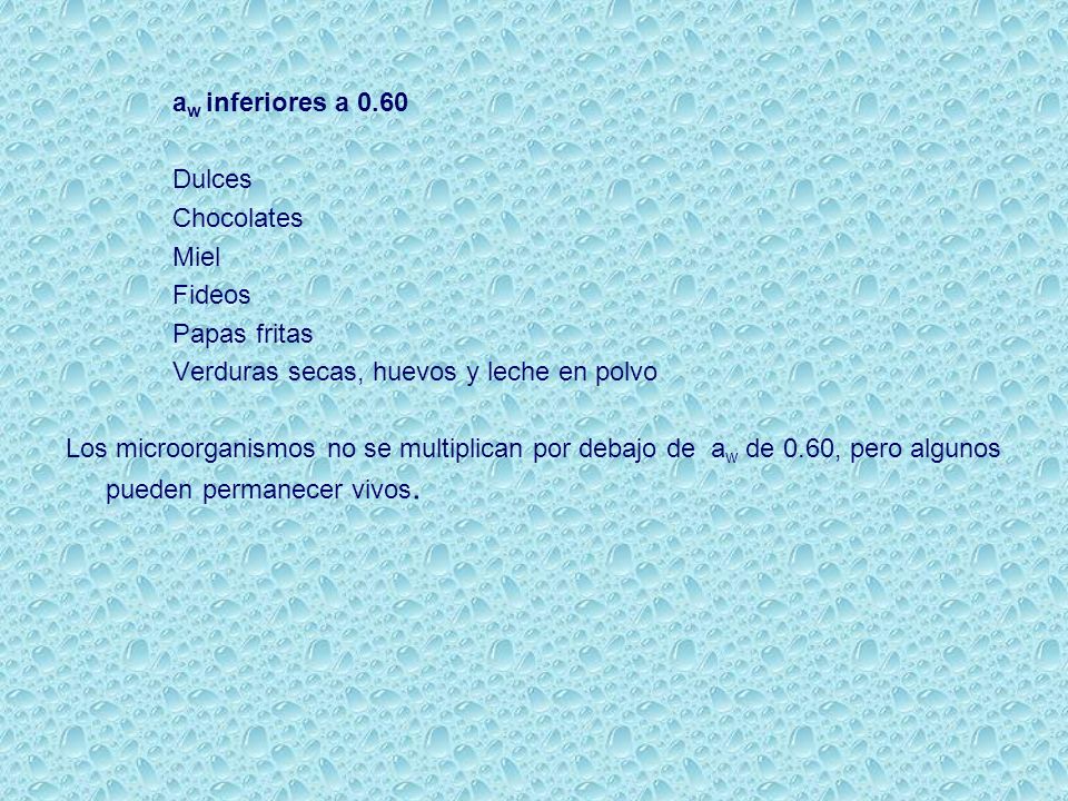 aw inferiores a 0.60 Dulces. Chocolates. Miel. Fideos. Papas fritas. Verduras secas, huevos y leche en polvo.