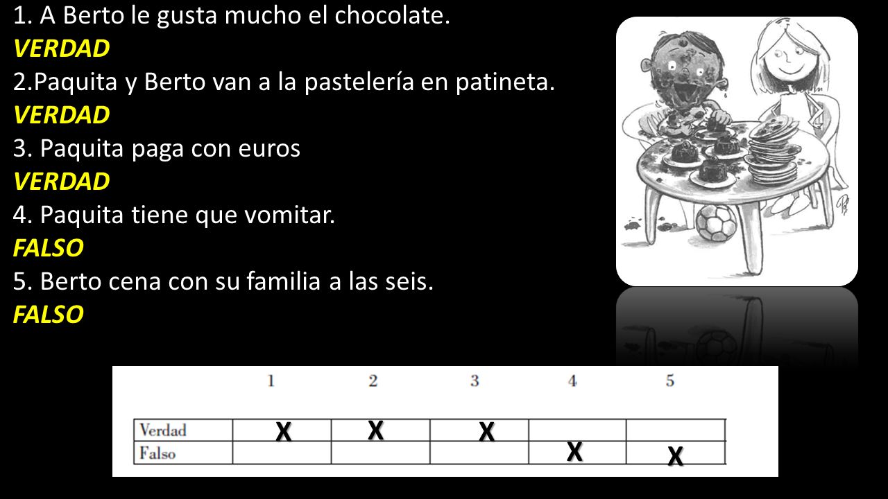 X X X X X 1. A Berto le gusta mucho el chocolate. VERDAD