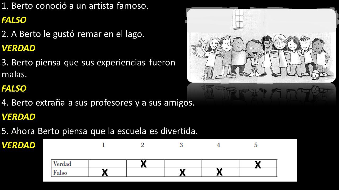 X X X X X 1. Berto conoció a un artista famoso. FALSO