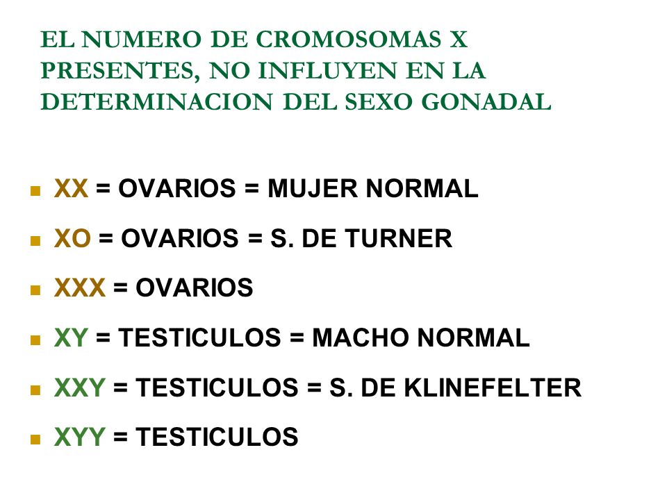 EL NUMERO DE CROMOSOMAS X PRESENTES, NO INFLUYEN EN LA DETERMINACION DEL SEXO GONADAL