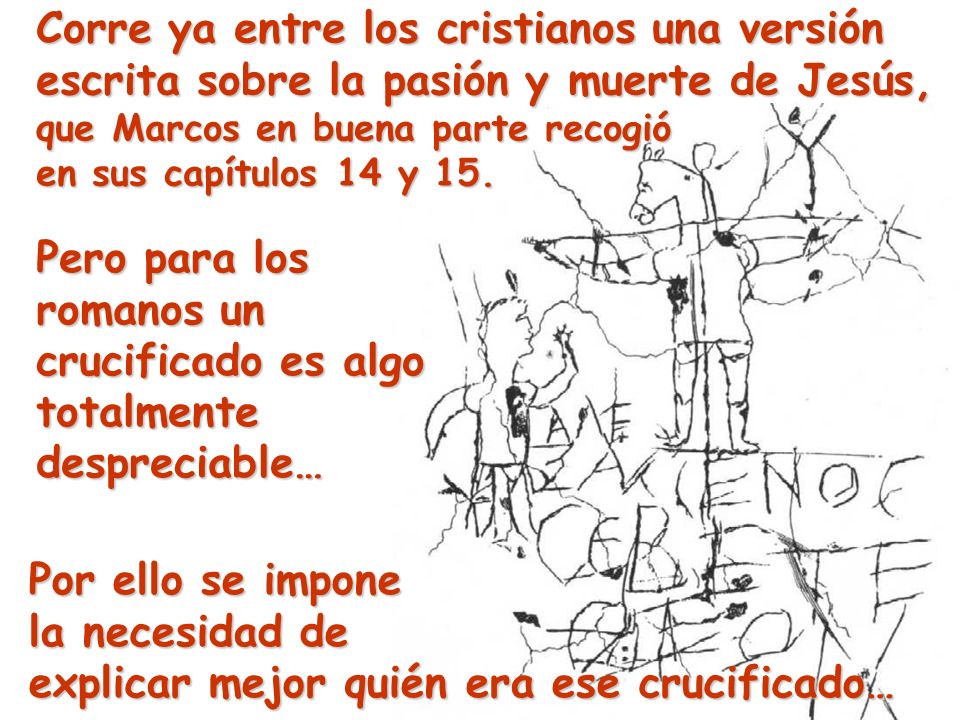 Corre ya entre los cristianos una versión escrita sobre la pasión y muerte de Jesús, que Marcos en buena parte recogió en sus capítulos 14 y 15.