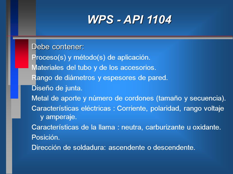 WPS - API 1104 Debe contener: Proceso(s) y método(s) de aplicación.