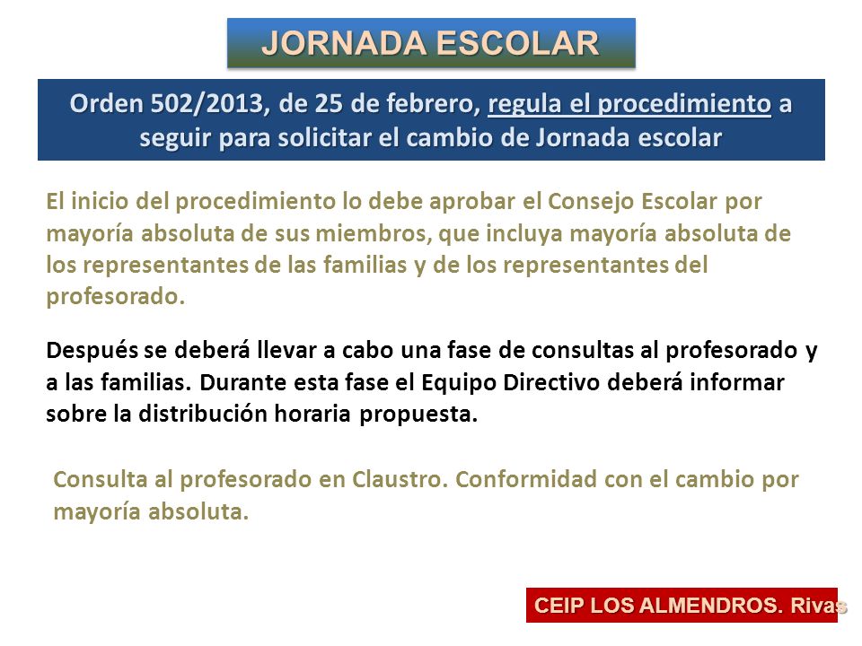 JORNADA ESCOLAR Orden 502/2013, de 25 de febrero, regula el procedimiento a seguir para solicitar el cambio de Jornada escolar.