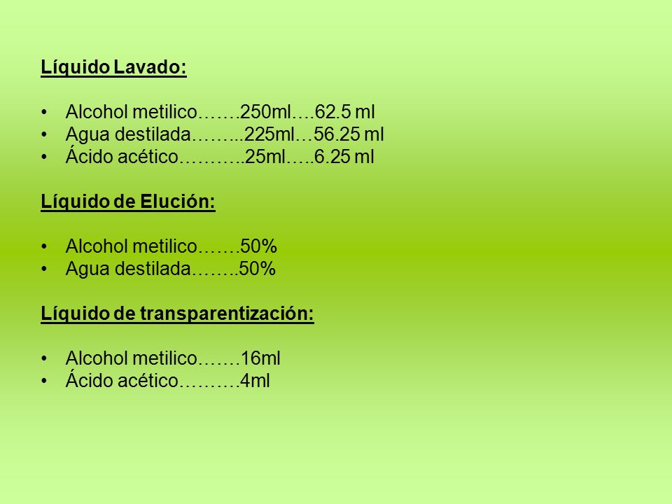 Líquido Lavado: Alcohol metilico…….250ml….62.5 ml. Agua destilada……...225ml…56.25 ml. Ácido acético………..25ml… ml.