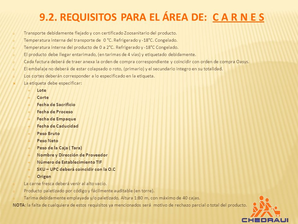 9.2. REQUISITOS PARA EL ÁREA DE: C A R N E S