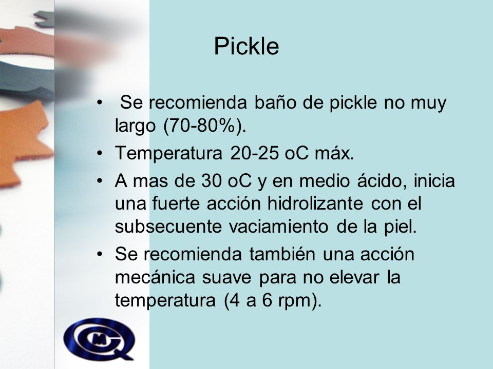 Pickle Se recomienda baño de pickle no muy largo (70-80%).