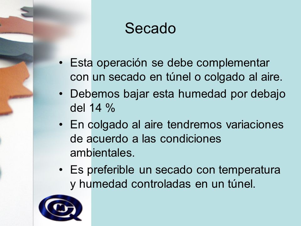 Secado Esta operación se debe complementar con un secado en túnel o colgado al aire. Debemos bajar esta humedad por debajo del 14 %