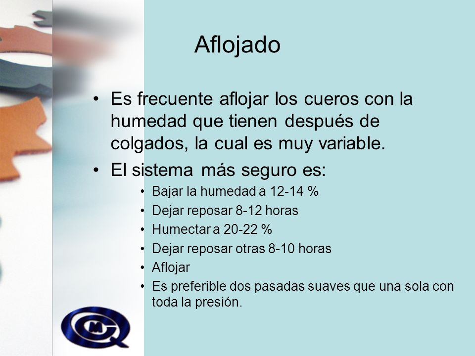 Aflojado Es frecuente aflojar los cueros con la humedad que tienen después de colgados, la cual es muy variable.