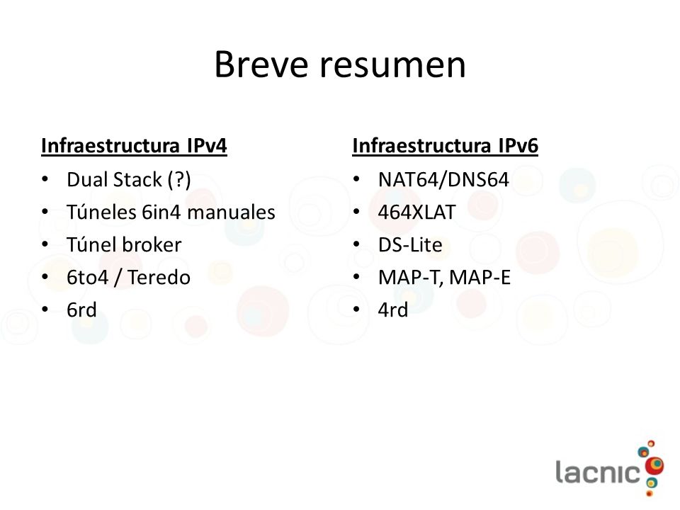 Breve resumen Infraestructura IPv4 Infraestructura IPv6 Dual Stack ( )