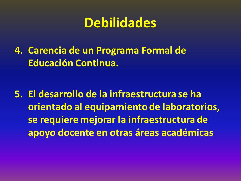 Debilidades Carencia de un Programa Formal de Educación Continua.