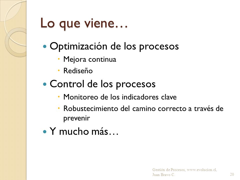 Lo que viene… Optimización de los procesos Control de los procesos