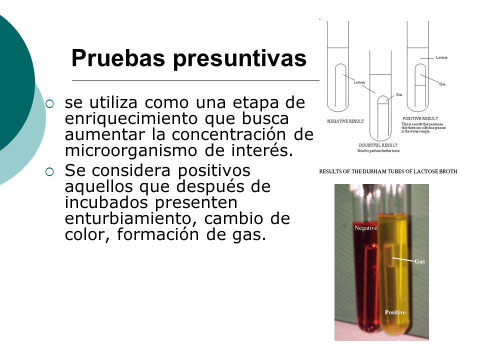Pruebas presuntivas se utiliza como una etapa de enriquecimiento que busca aumentar la concentración de microorganismo de interés.
