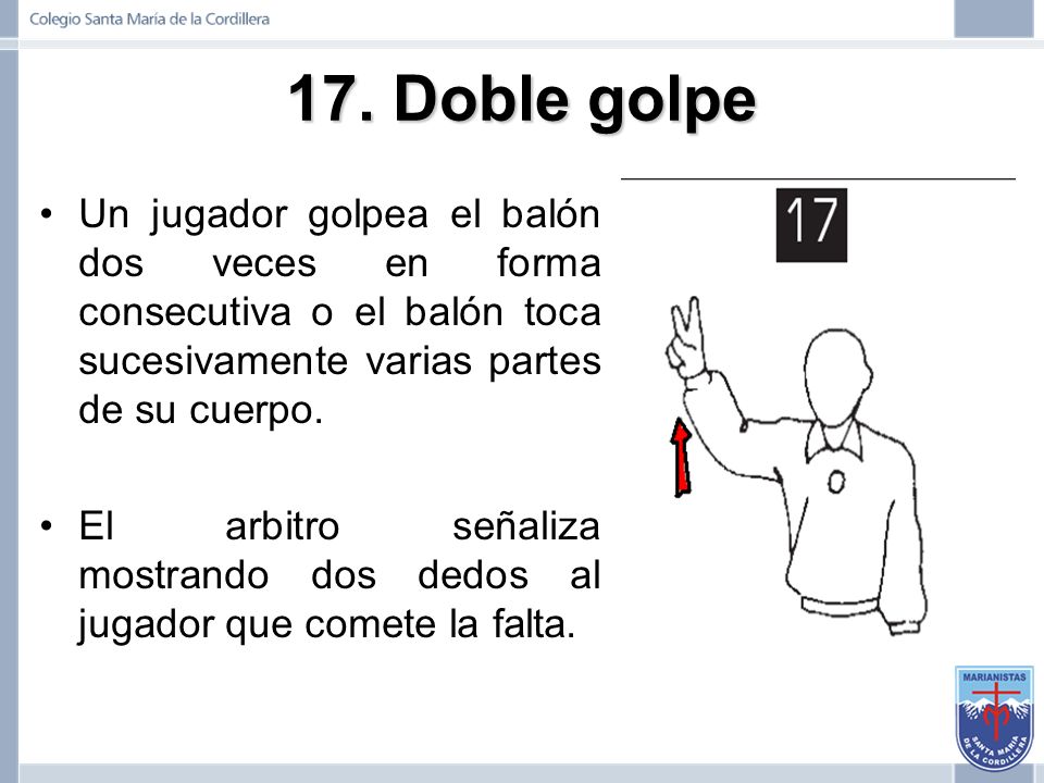 17. Doble golpe Un jugador golpea el balón dos veces en forma consecutiva o el balón toca sucesivamente varias partes de su cuerpo.