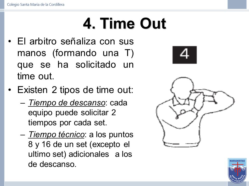 4. Time Out El arbitro señaliza con sus manos (formando una T) que se ha solicitado un time out. Existen 2 tipos de time out: