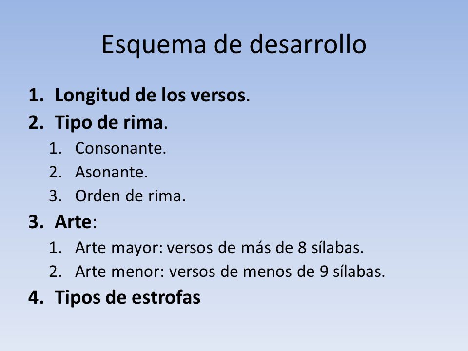 Esquema de desarrollo Longitud de los versos. Tipo de rima. Arte: