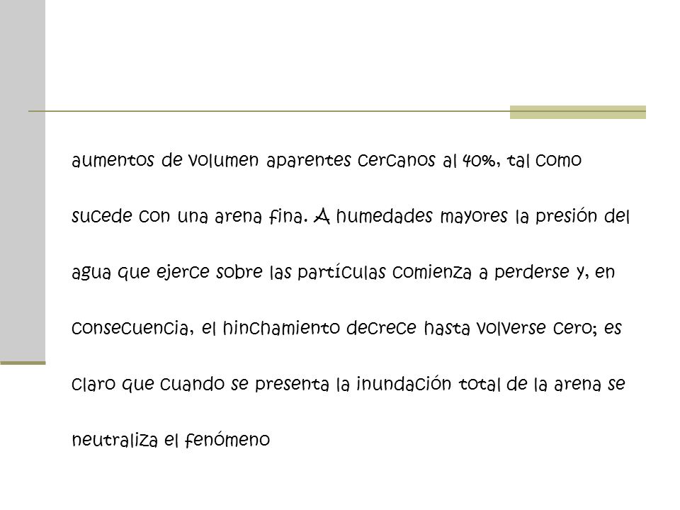 aumentos de volumen aparentes cercanos al 40%, tal como sucede con una arena fina.