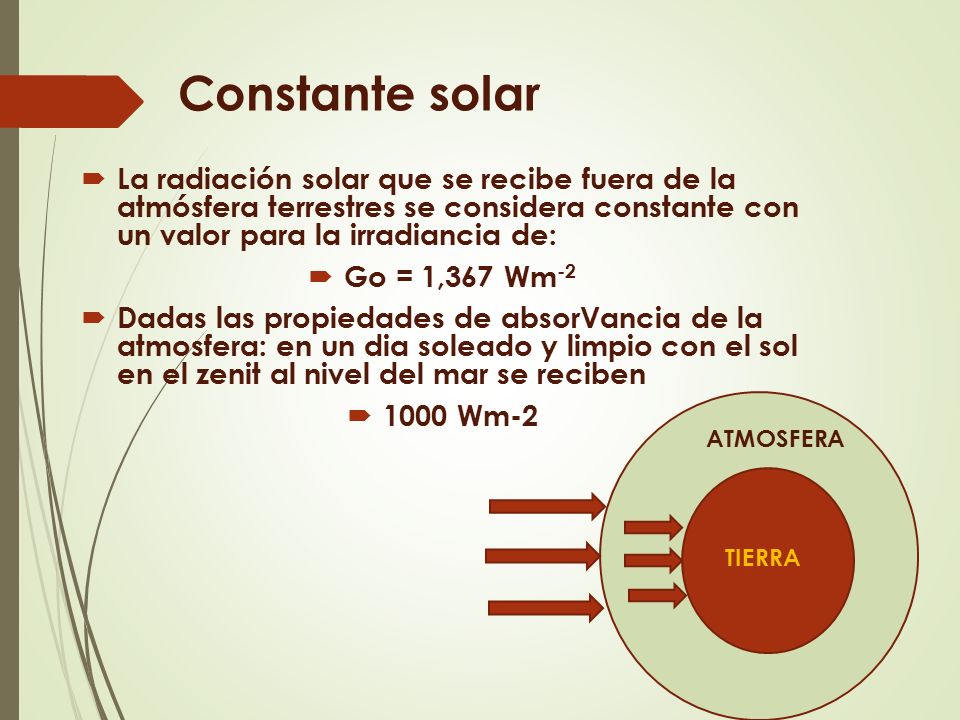 Constante solar La radiación solar que se recibe fuera de la atmósfera terrestres se considera constante con un valor para la irradiancia de: