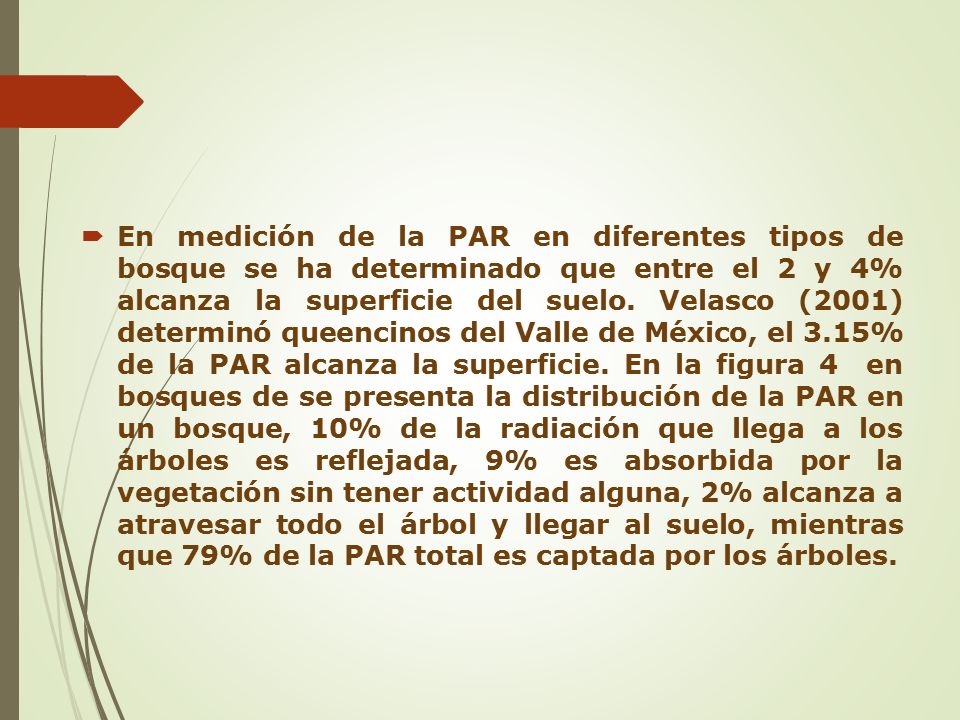 En medición de la PAR en diferentes tipos de bosque se ha determinado que entre el 2 y 4% alcanza la superficie del suelo.