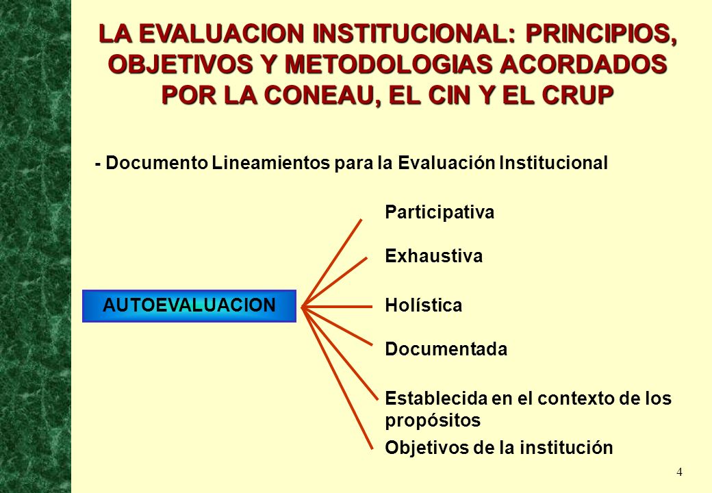 LA EVALUACION INSTITUCIONAL: PRINCIPIOS, OBJETIVOS Y METODOLOGIAS ACORDADOS POR LA CONEAU, EL CIN Y EL CRUP