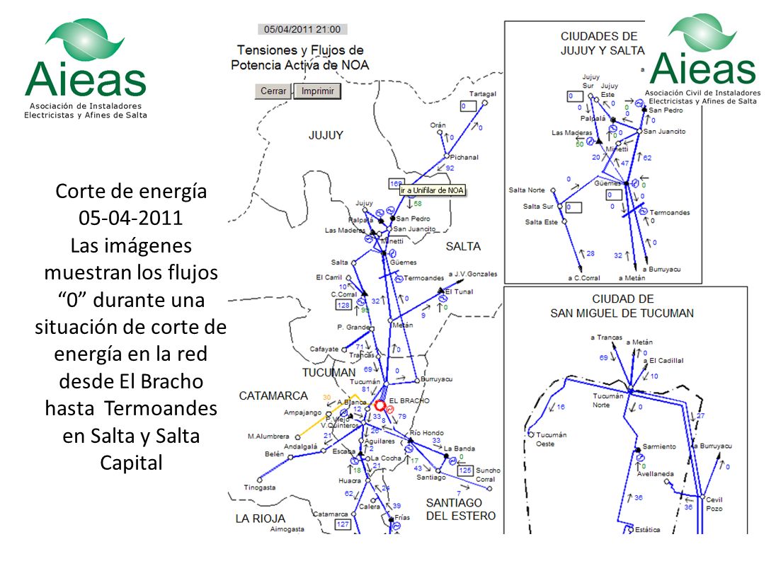 Corte de energía Las imágenes muestran los flujos 0 durante una situación de corte de energía en la red desde El Bracho hasta Termoandes en Salta y Salta Capital