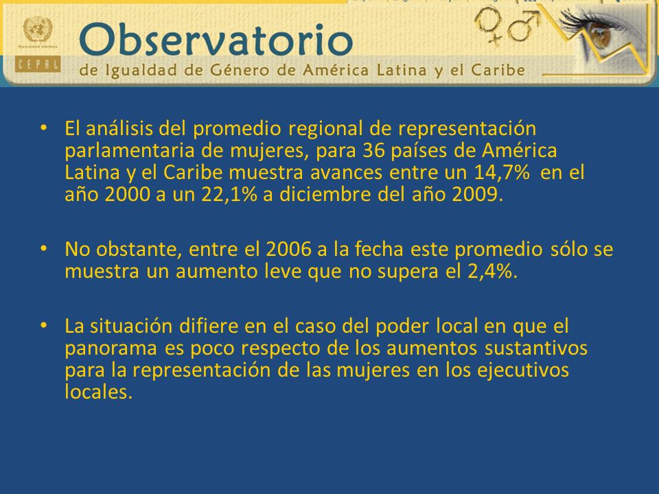 El análisis del promedio regional de representación parlamentaria de mujeres, para 36 países de América Latina y el Caribe muestra avances entre un 14,7% en el año 2000 a un 22,1% a diciembre del año 2009.