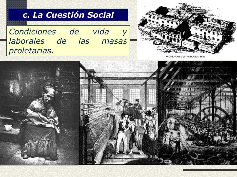 Condiciones de vida y laborales de las masas proletarias.