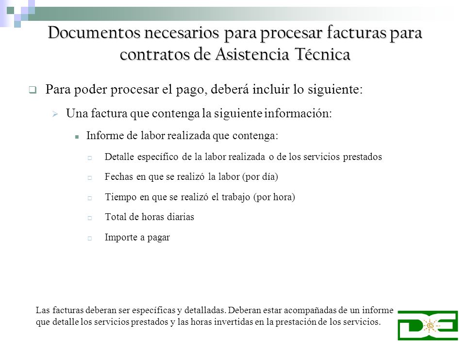 Documentos necesarios para procesar facturas para contratos de Asistencia Técnica