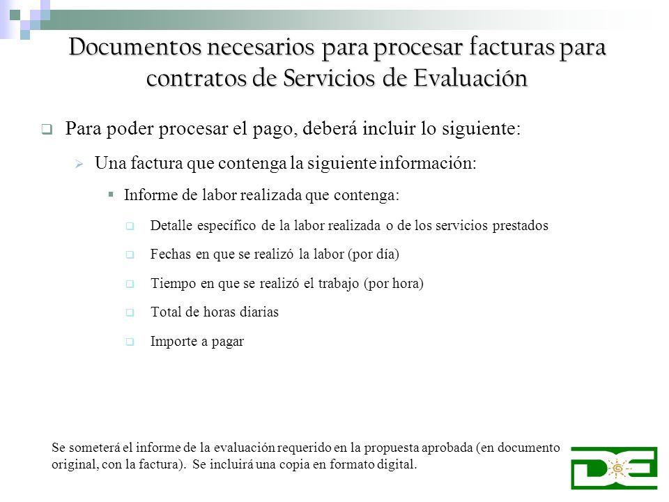 Documentos necesarios para procesar facturas para contratos de Servicios de Evaluación