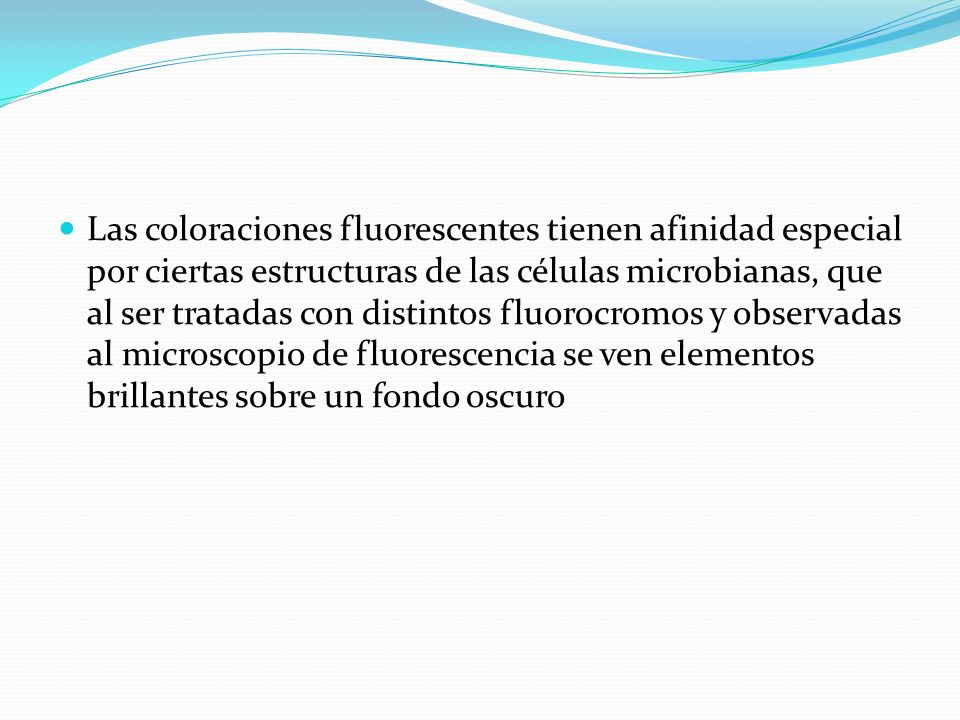Las coloraciones fluorescentes tienen afinidad especial por ciertas estructuras de las células microbianas, que al ser tratadas con distintos fluorocromos y observadas al microscopio de fluorescencia se ven elementos brillantes sobre un fondo oscuro